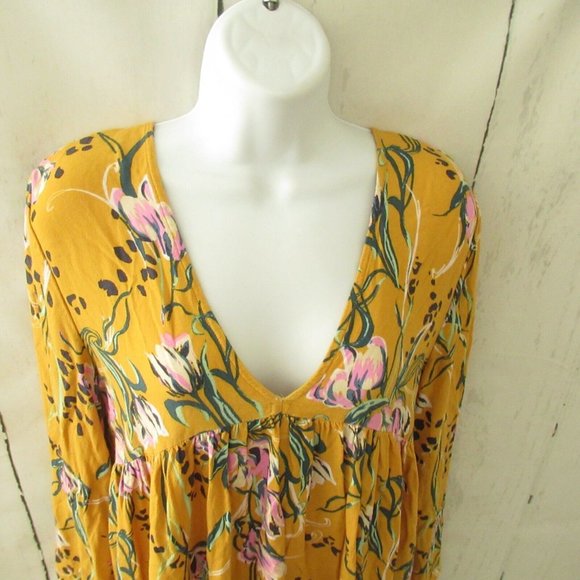 Free People Bella Tunic Top M Yellow Floral Long Flared Sleeve Boho Peasant - Picture 2 of 7